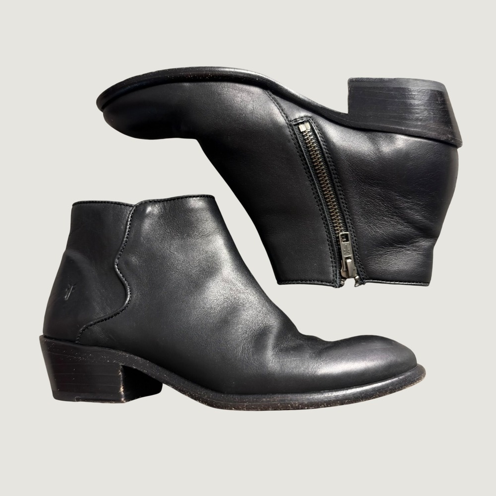 Frye Melissa Inside Zip Bootie 6.5M Black Leather Ankle Boot Stacked Heel
